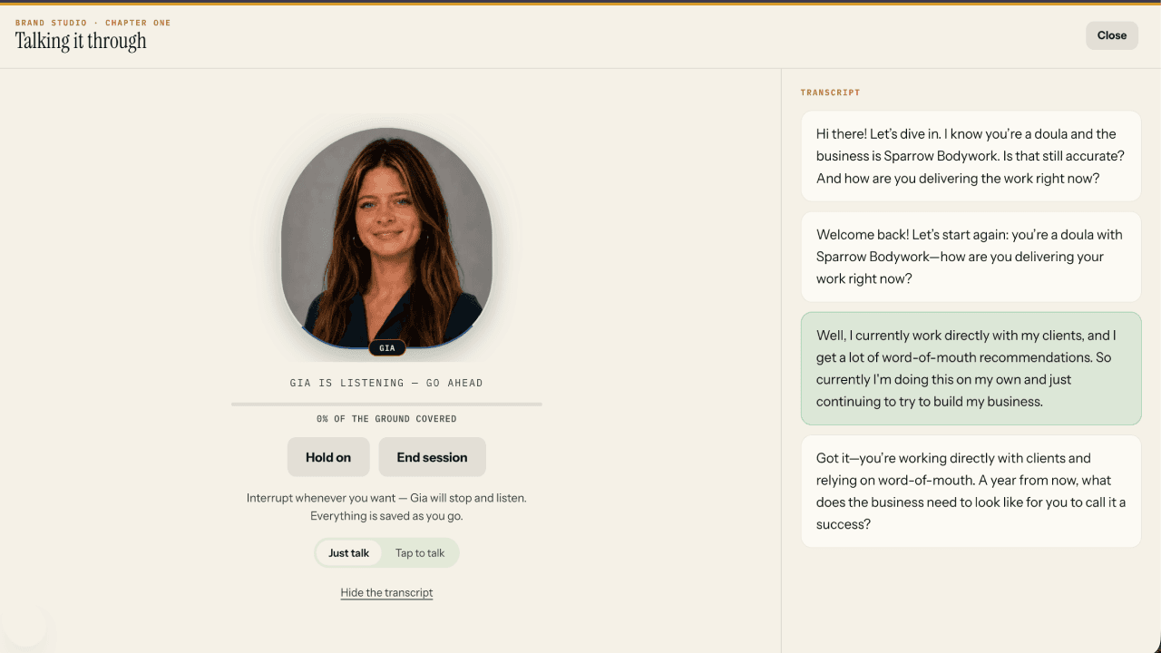 The MainStage interview: an on-screen guide asks about the business while a live transcript records the answers.