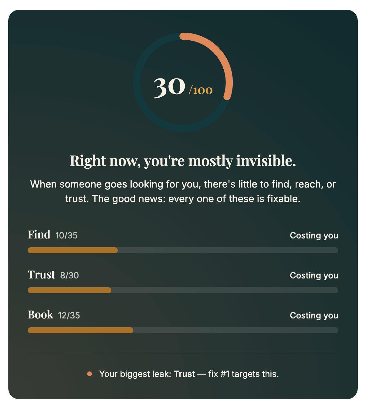 A sample Find · Trust · Book Check results card showing a score of 30 out of 100, bars for Find, Trust, and Book, and the biggest leak called out.
