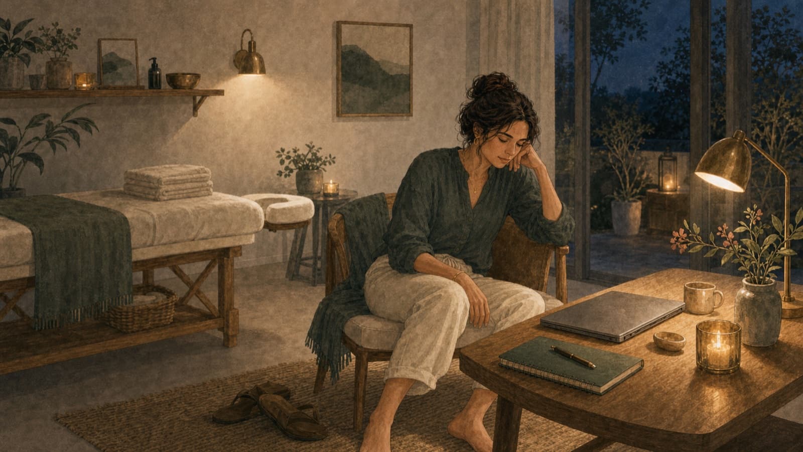 A tired wellness provider resting in her studio after closing beside a closed laptop.