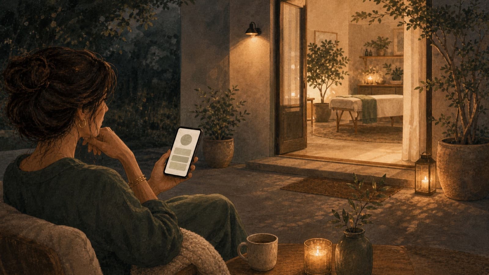 A prospective client comparing a simple booking screen with a warmly lit treatment studio.