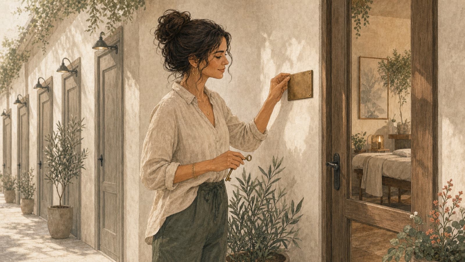 A wellness provider placing a brass plaque beside the door to her own studio.