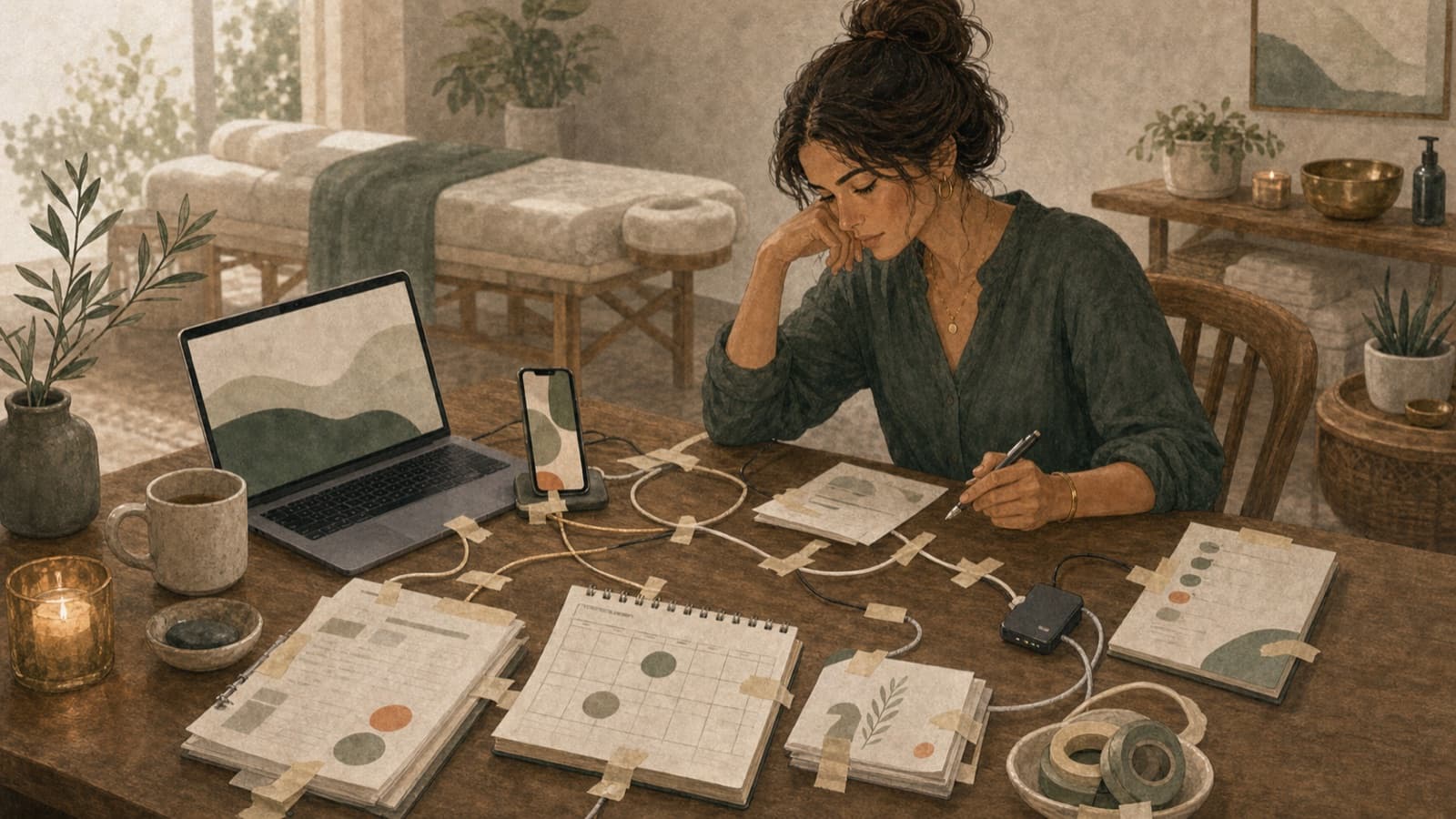 A wellness provider working among disconnected devices, papers, cords, and tape.