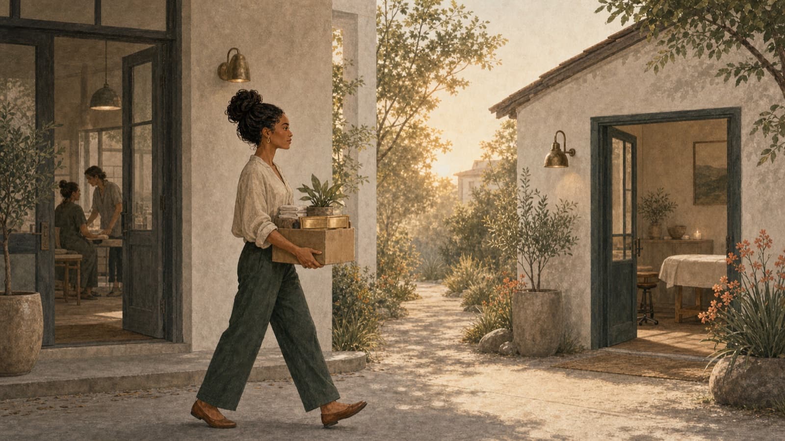 A wellness provider carrying linens and a plant from a shared clinic toward her own studio.
