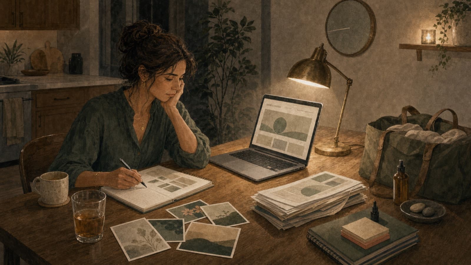A wellness provider working late on an unfinished website at her kitchen table.