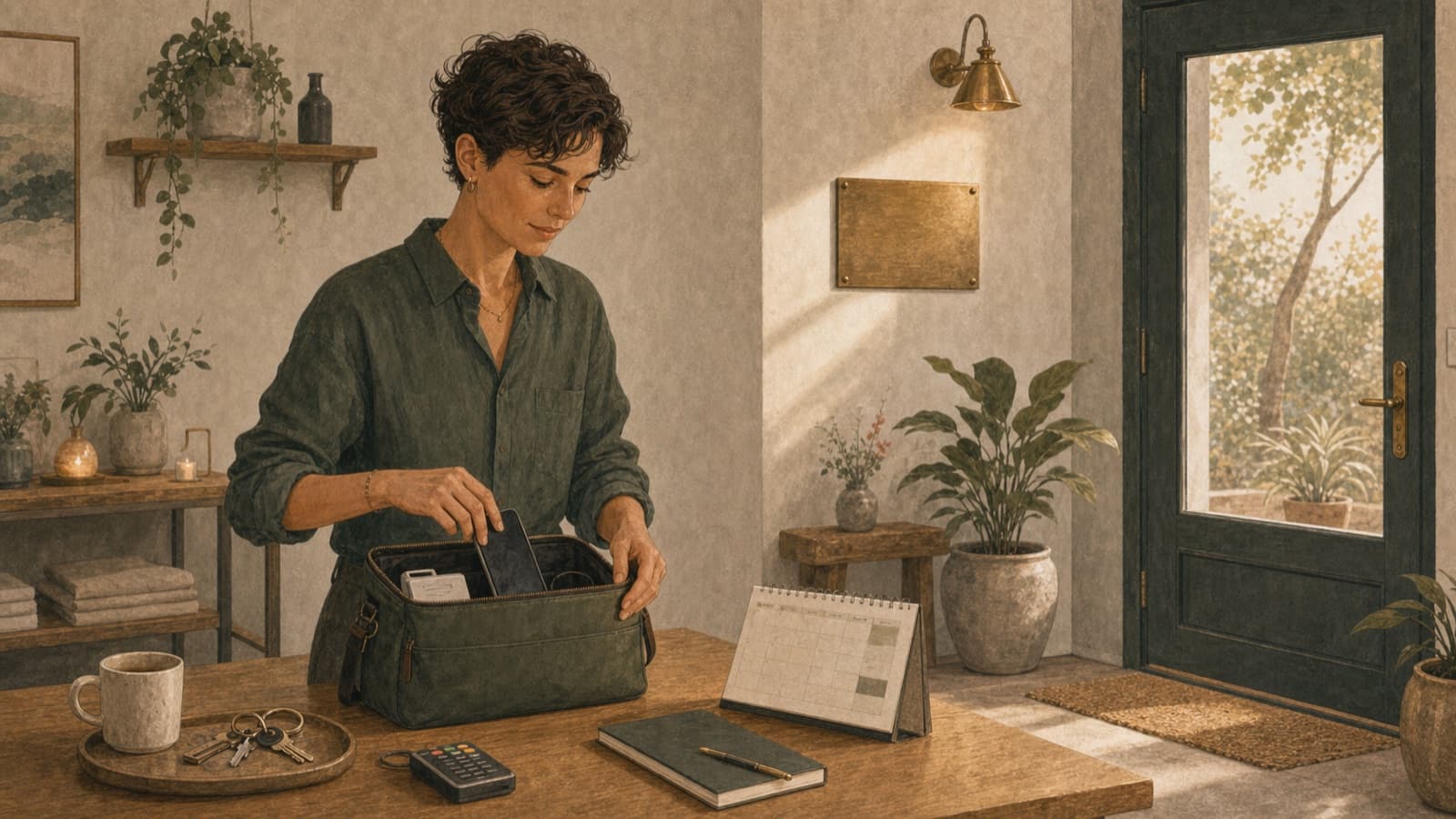 A service provider packing portable business tools while the studio identity remains in place.