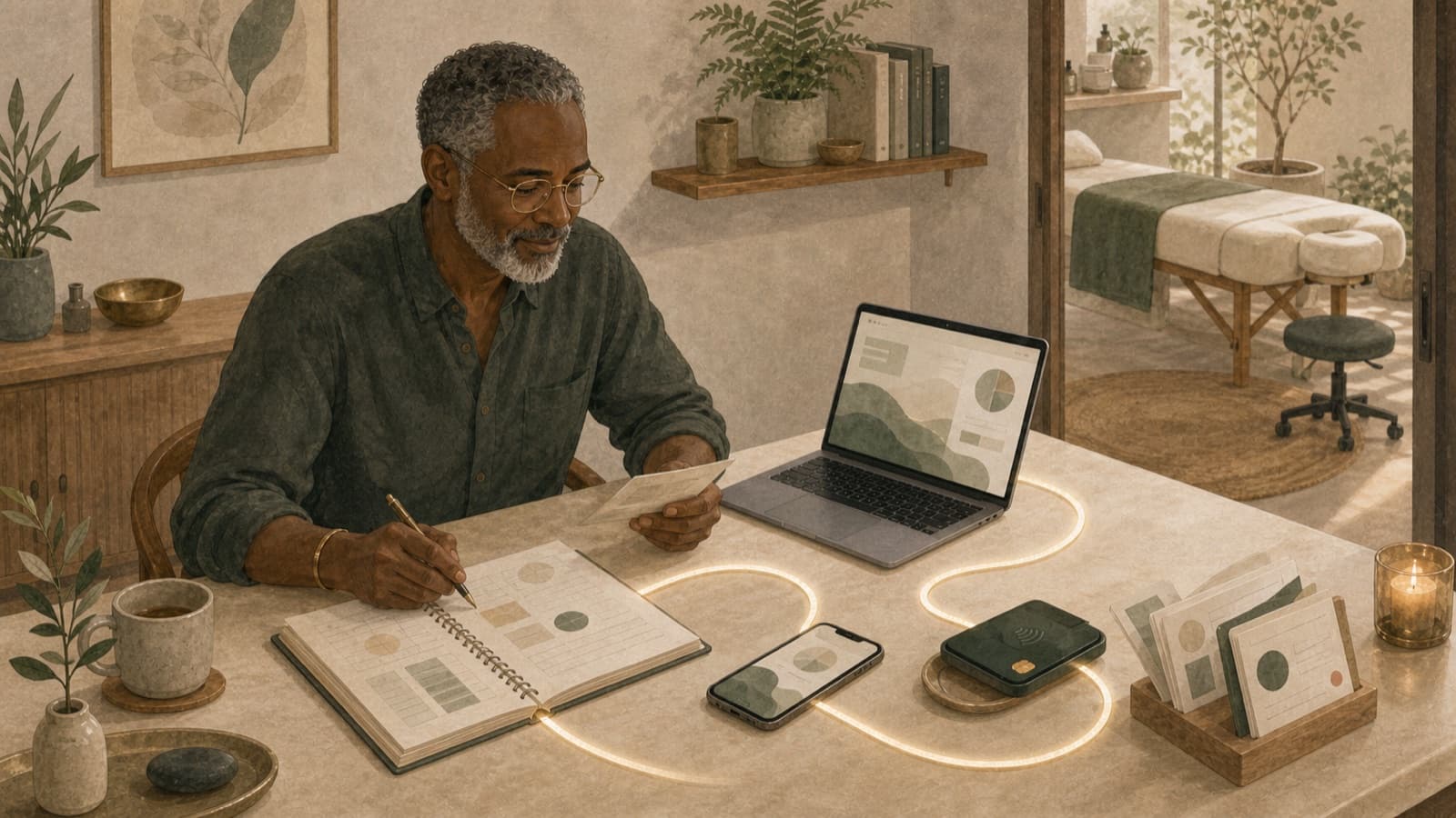 An experienced wellness provider reviewing a calm, connected set of business tools.