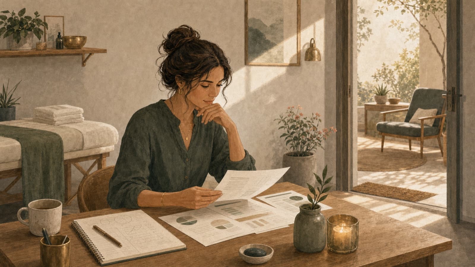 A solo wellness provider reviewing her paycheck at the end of a long day.