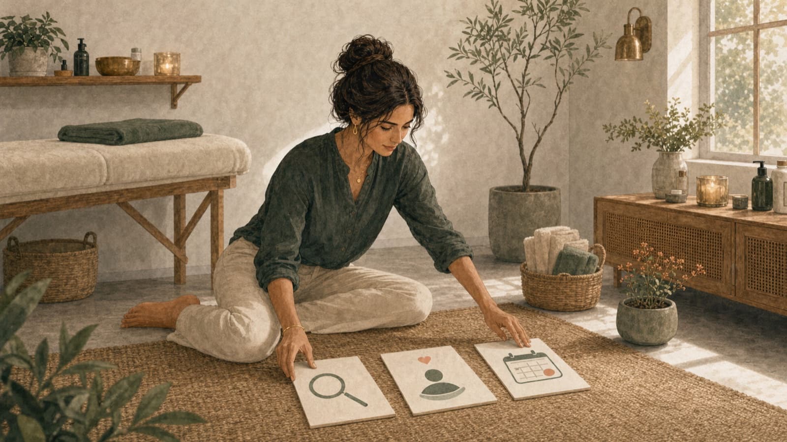 A wellness provider arranging three simple steps for building her web presence.
