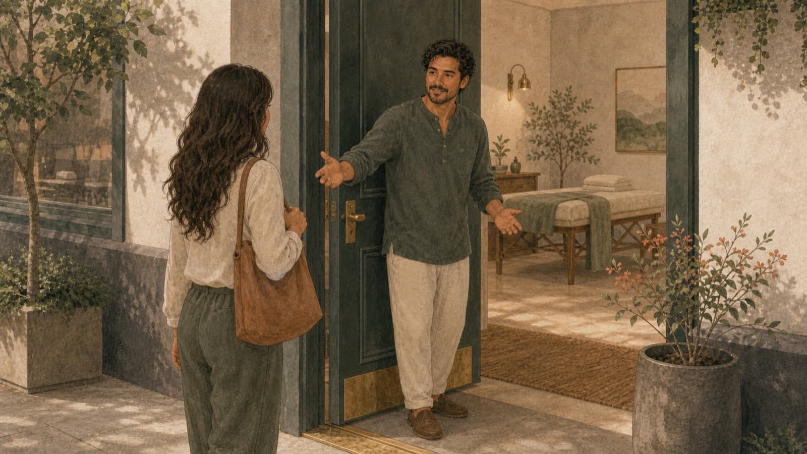 A wellness provider opening the front door of his studio to welcome a new client.