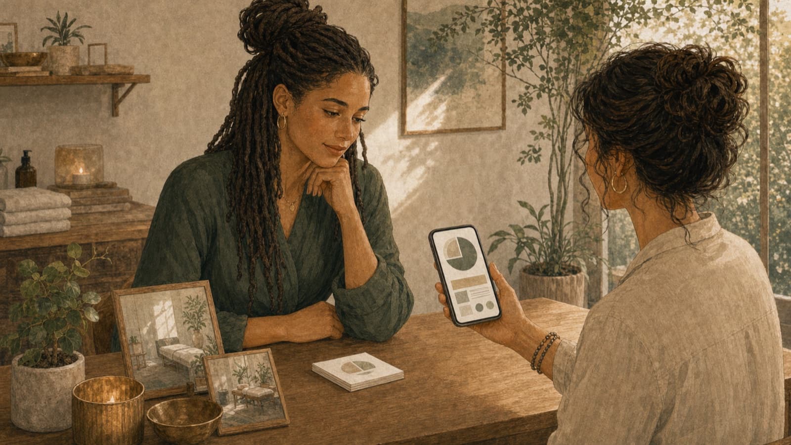A wellness provider noticing a generic platform identity on a client's shared phone screen.