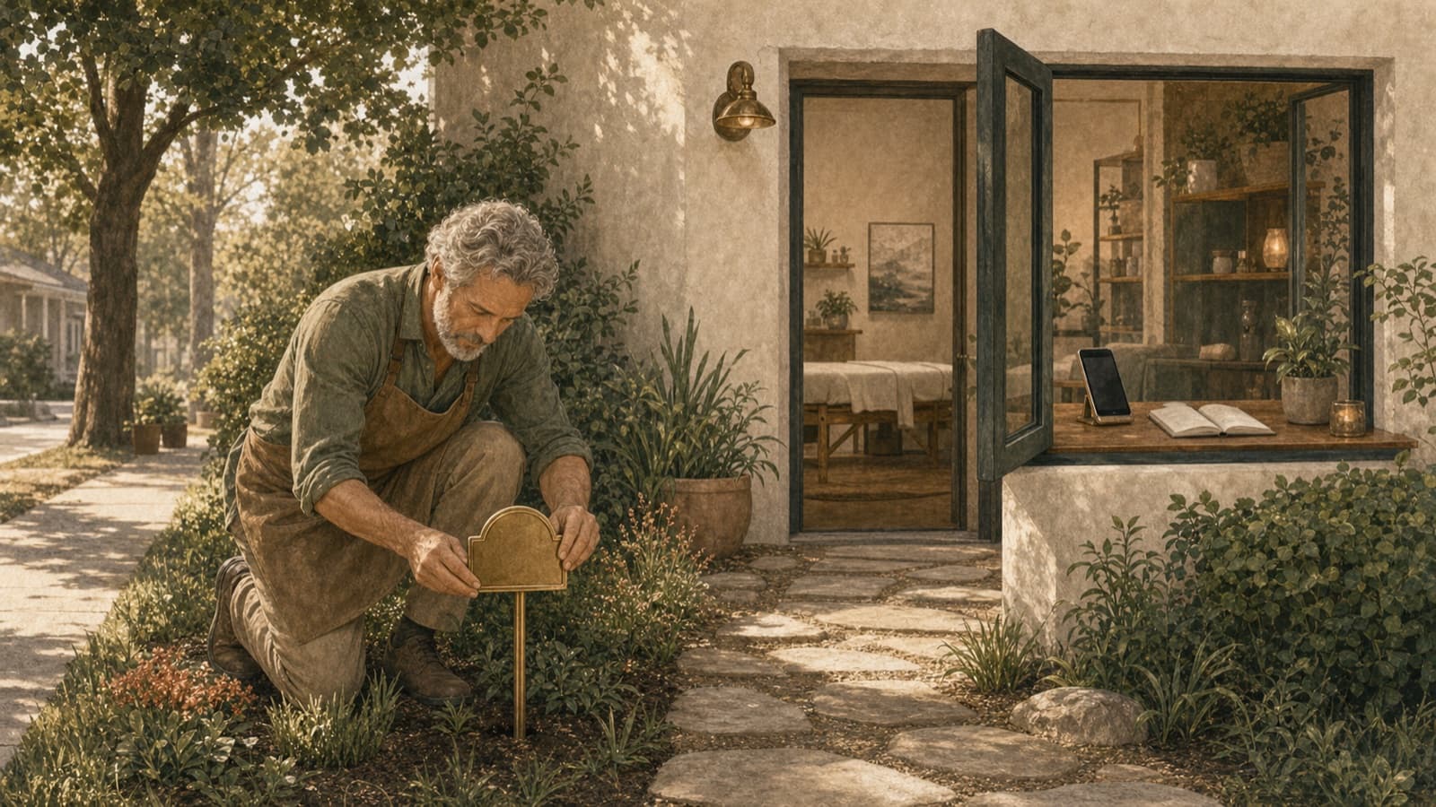 A wellness provider installing an address marker along the path to his studio.
